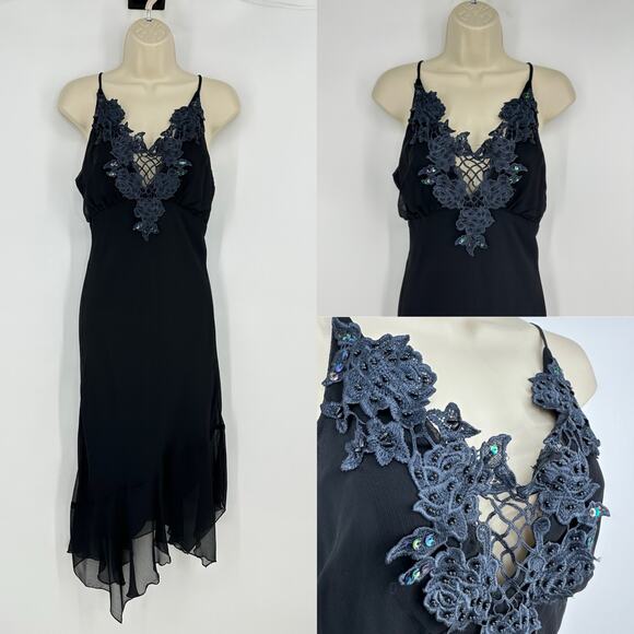 Vintage Dresses & Skirts - Vintage Y2K Black Cami Asymmetrical Slip Dress S Beaded Fairy Goth Whimsigoth